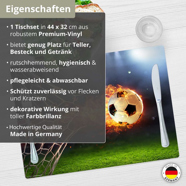 Produktbild: Tischsetmacher Tischset f&uuml;r Kinder Flammender Fu&szlig;ball mit Feuerschweif, aus hochwertigem Vinyl , 44 x 32 cm
