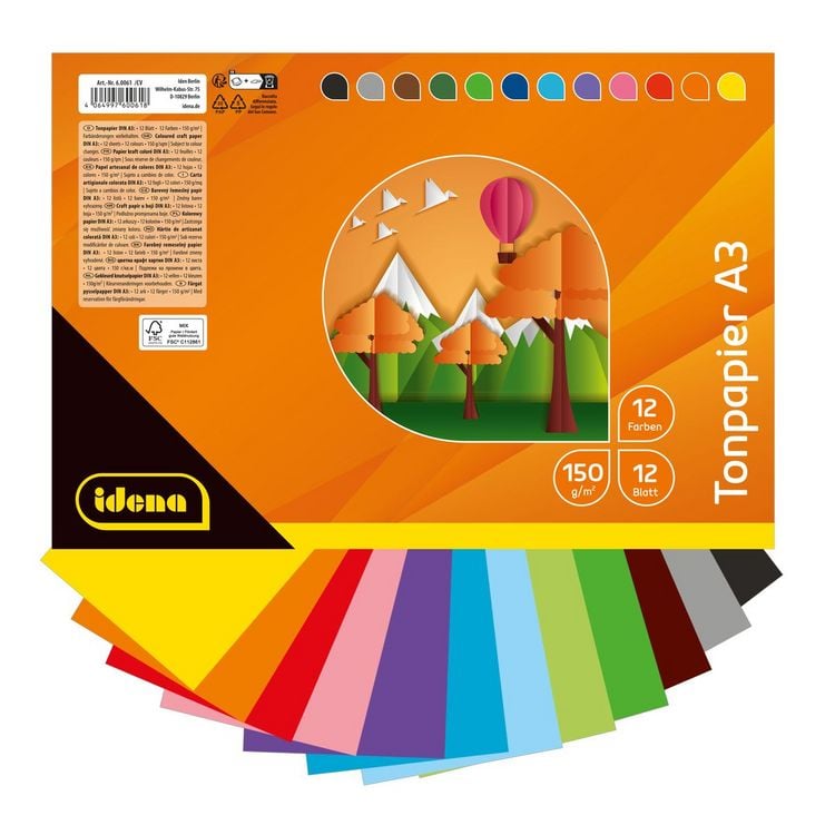 Produktbild: Idena Tonpapier 150g/m&sup2; 12 Farben DIN A3