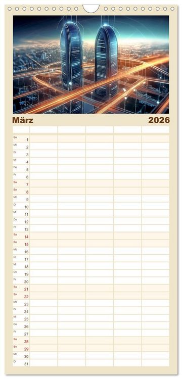 Produktbild: Familienplaner 2026 - Zukunftsvision Megacity mit 5 Spalten (Wandkalender, 21 x 45 cm) CALVENDO
