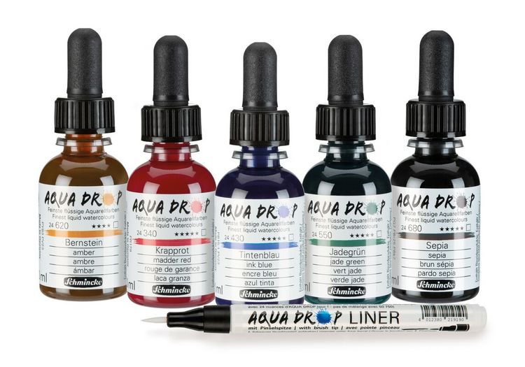 Produktbild: Schmincke AQUA DROP Aquarellfarbe, Kartonset lasierende Farbt&ouml;ne, 5 x 30 ml Flaschen + LINER mit Pinselspitze