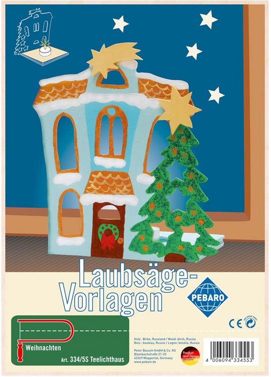 Produktbild: PEBARO 334/5S - Laubs&auml;gevorlage Teelichthaus Weihnachten, 1 Platte, Gr&ouml;&szlig;e DIN A4.