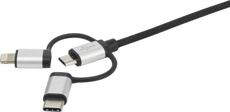 Produktbild: Renkforce USB-Kabel USB 2.0 USB-A Stecker, USB-C&reg; Stecker, USB-Micro-B Stecker, Apple Lightning Stecker 0.25 m Dunkelgrau gesleeved RF-3335106