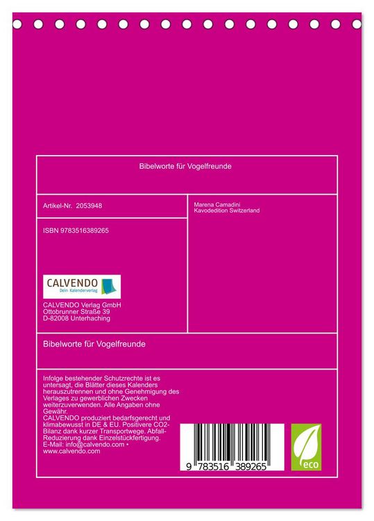 Produktbild: Bibelworte f&uuml;r Vogelfreunde (Tischkalender 2026 DIN A5 hoch), CALVENDO Monatskalender