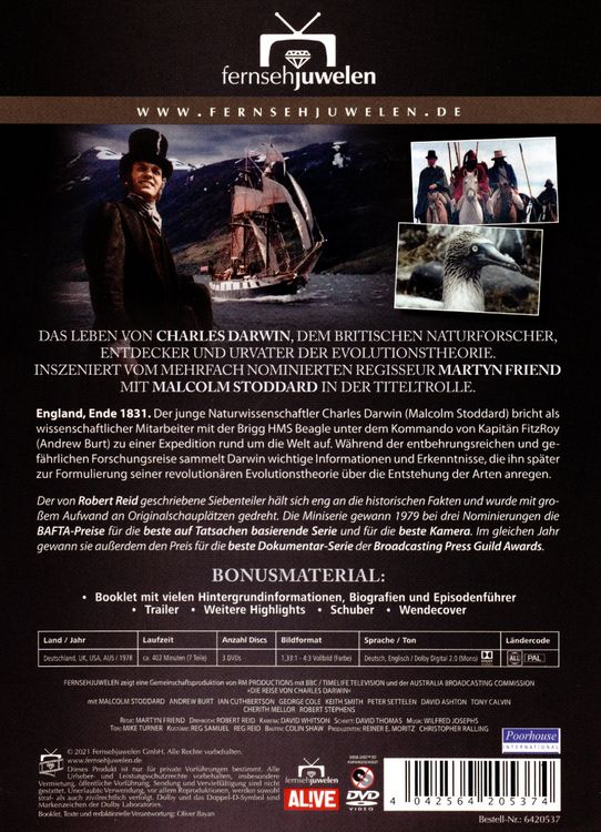 Produktbild: Die Reise von Charles Darwin - Die komplette Serie in 7 Teilen (Fernsehjuwelen) (3 DVDs)