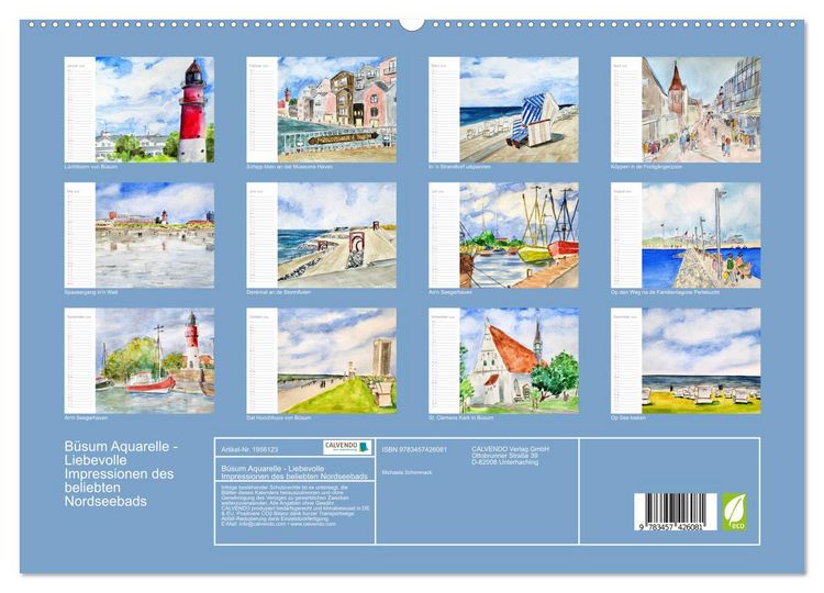 Produktbild: B&uuml;sum Aquarelle - Liebevolle Impressionen des beliebten Nordseebads (hochwertiger Premium Wandkalender 2026 DIN A2 quer), Kunstdruck in Hochglanz