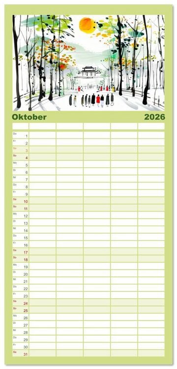 Produktbild: Familienplaner 2026 - Fernost Impressionen - Tempel und Landschaften in KI-Tuschekunst mit 5 Spalten (Wandkalender, 21 x 45 cm) CALVENDO