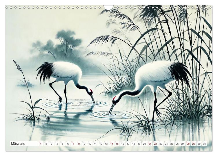 Produktbild: Eleganz der Kraniche - Majest&auml;tische V&ouml;gel in poetischer Tusche (Wandkalender 2026 DIN A3 quer), CALVENDO Monatskalender