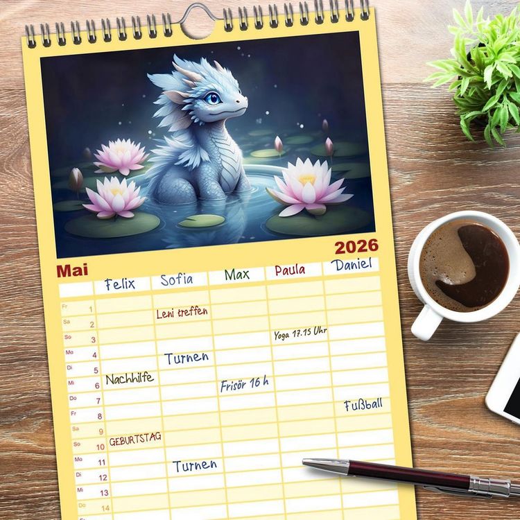 Produktbild: Familienplaner 2026 - S&uuml;&szlig;e Babydrachen mit 5 Spalten (Wandkalender, 21 x 45 cm) CALVENDO