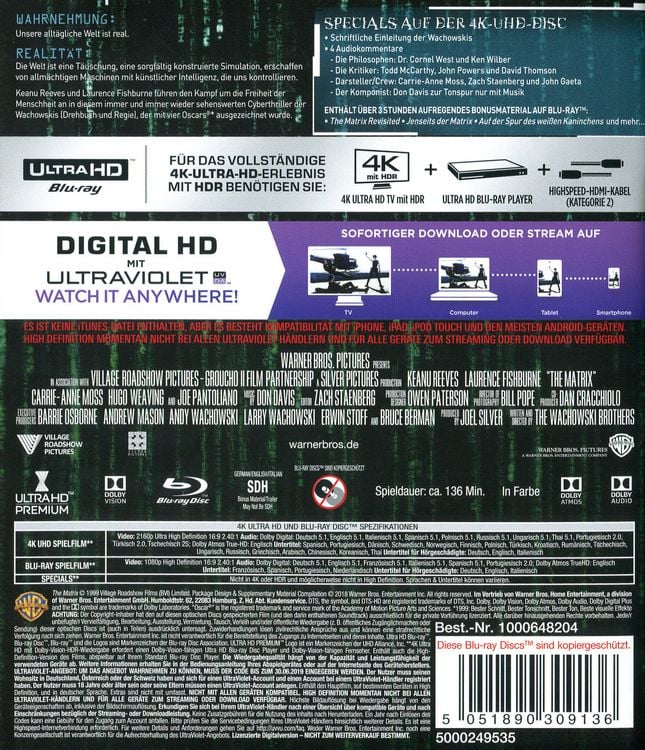 Produktbild: Matrix (4K Ultra HD) (+ 2D-Blu-ray remastered) (+ Bonus-Blu-ray)