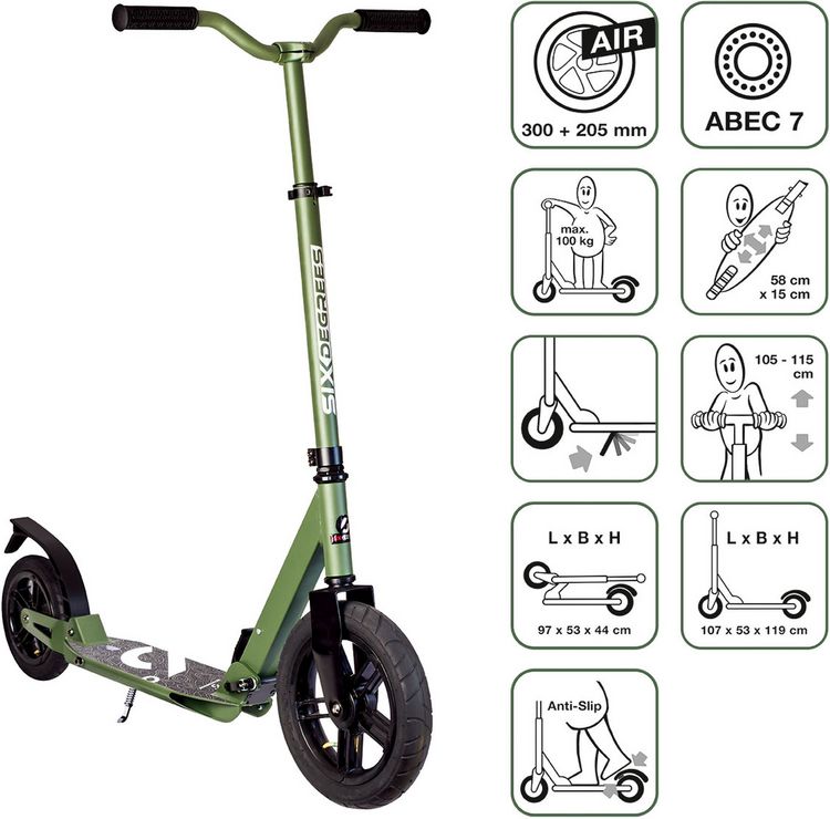 Produktbild: SIX DEGREES Aluminium Scooter All Terrain 300/205 mm olivgr&uuml;n