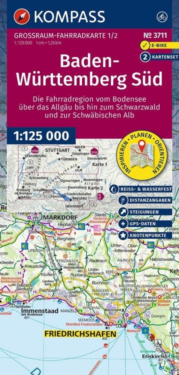 Produktbild: KOMPASS Gro&szlig;raum Fahrradkarte 3711 Baden-W&uuml;rttemberg S&uuml;d, die Fahrradregion vom Bodensee &uuml;ber das Allg&auml;u bis zum Schwarzwald und der Schw&auml;bischen Alb; mit Knotenpunkten 1:125.000