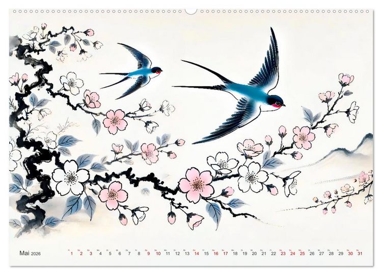 Produktbild: Federleicht - Vogelwelt im Stile asiatischer Tuschmalerei (hochwertiger Premium Wandkalender 2026 DIN A2 quer), Kunstdruck in Hochglanz
