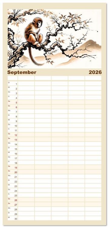 Produktbild: Familienplaner 2026 - Chinesische Tierkreiszeichen - Kunstvolle KI-Tuschemalerei des Ostens mit 5 Spalten (Wandkalender, 21 x 45 cm) CALVENDO