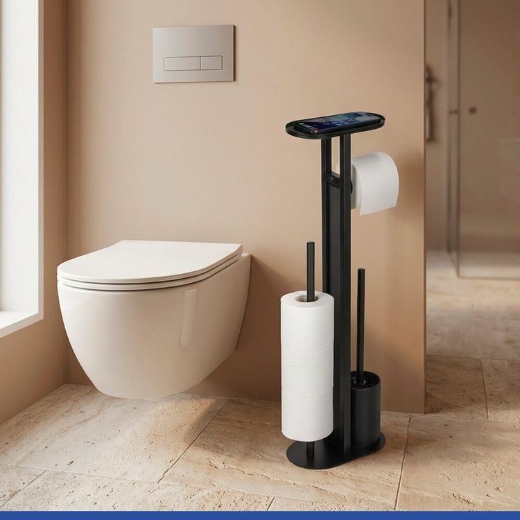 Produktbild: Stand WC-Garnitur Mod. Orea Schwarz, mit Ablagefl&auml;che und Ersatzrollenhalter