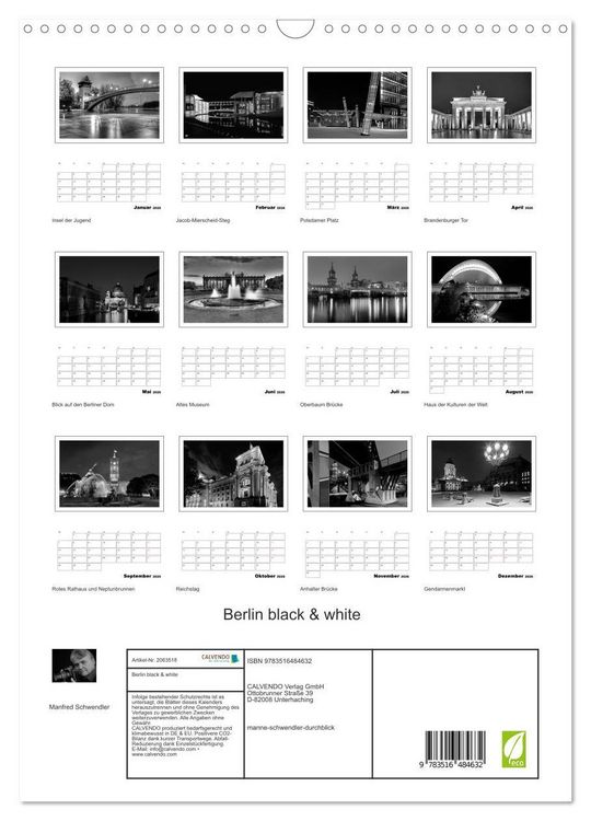 Produktbild: Berlin black & white (Wandkalender 2026 DIN A3 hoch), CALVENDO Monatskalender