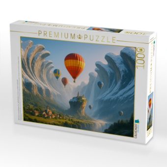 Produktbild: CALVENDO Puzzle Beh&uuml;tet im unerreichbaren Tal - Hei&szlig;luftballons in einer surrealen Landschaft | 1000 Teile Lege-Gr&ouml;&szlig;e 64x48cm Foto-Puzzle f&uuml;r gl&uuml;cklic