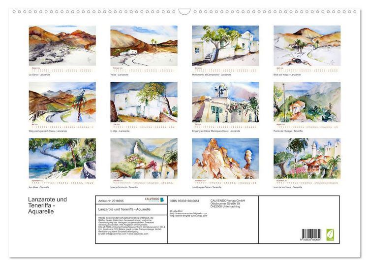 Produktbild: Lanzarote und Teneriffa - Aquarelle (Wandkalender 2026 DIN A2 quer), CALVENDO Monatskalender