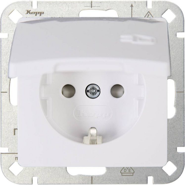 Produktbild: Kopp 1fach Einsatz Schutzkontakt-Steckdose mit Klappdeckel HK05 Arktis-Wei&szlig; 920802008 1 St.
