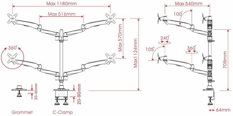 Produktbild: SpeaKa Professional Monitor-Tischhalterung SP-3957076 Flex 4 Display(s) 25,4cm (10\") - 68,6cm (27\") Schwarz, Silbe