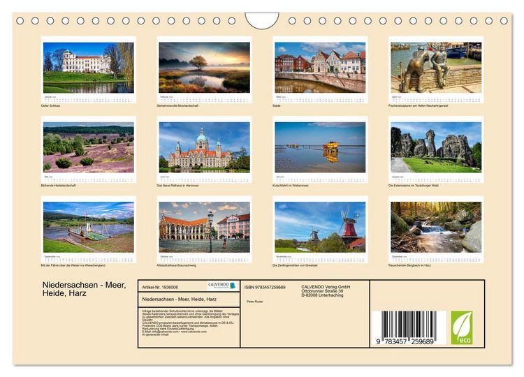 Produktbild: Niedersachsen - Meer, Heide, Harz (Wandkalender 2026 DIN A4 quer), CALVENDO Monatskalender