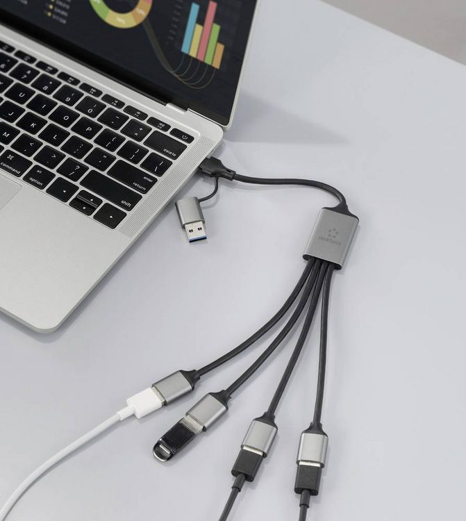 Produktbild: Renkforce RF-6861934 USB-Hub 4 Port USB-A USB 3.0 5 GBit/s mit Aluminiumgeh&auml;use Grau RF-HUB-300