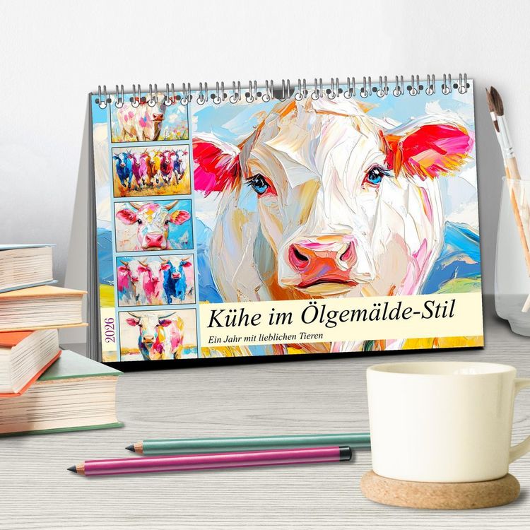 Produktbild: K&uuml;he im &Ouml;lgem&auml;lde-Stil. Ein Jahr mit lieblichen Tieren (Tischkalender 2026 DIN A5 quer), CALVENDO Monatskalender