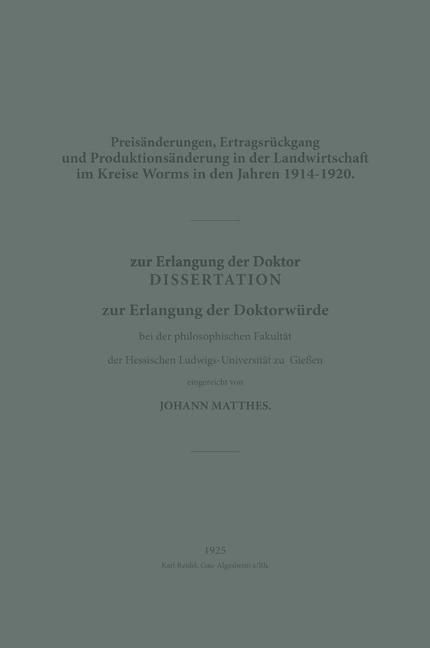 Produktbild: Preis&auml;nderungen, Ertragsr&uuml;ckgang und Produktions&auml;nderung in der Landwirtschaft im Kreise Worms in den Jahren 1914-1920
