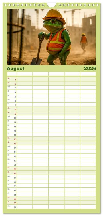 Produktbild: Familienplaner 2026 - Frosch bei der Arbeit- Dienst nach Vorschrift mit 5 Spalten (Wandkalender, 21 x 45 cm) CALVENDO