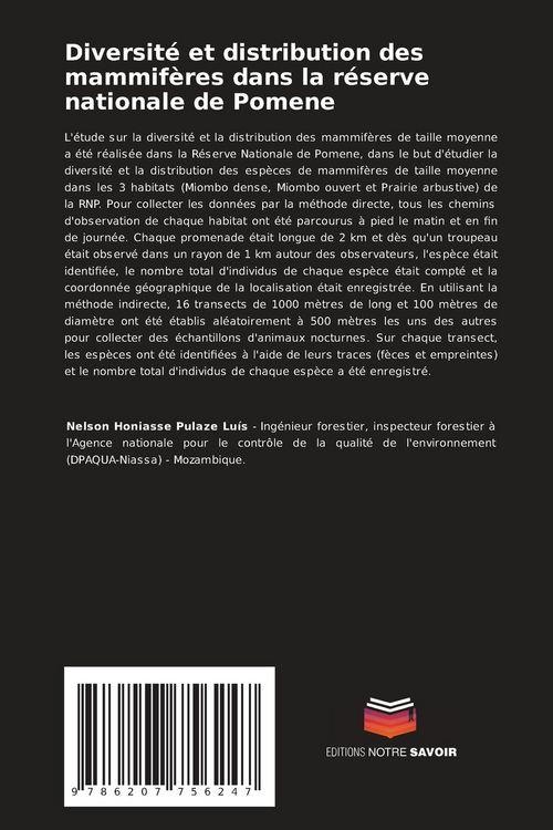 Produktbild: Diversit&eacute; et distribution des mammif&egrave;res dans la r&eacute;serve nationale de Pomene