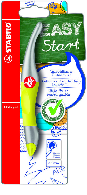 Produktbild: STABILO Tintenroller Rechtsh&auml;nder - EASYoriginal metallic neongelb - Einzelstift - blau (l&ouml;schbar) inkl. Patrone