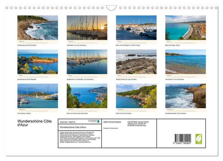 Produktbild: Wundersch&ouml;ne C&ocirc;te d'Azur (Wandkalender 2026 DIN A3 quer), CALVENDO Monatskalender