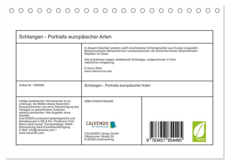 Produktbild: Schlangen - Portraits europ&auml;ischer Arten (Tischkalender 2026 DIN A5 quer), CALVENDO Monatskalender