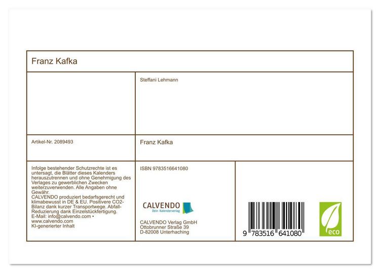 Produktbild: Franz Kafka (Tischkalender 2026 DIN A5 quer), CALVENDO Monatskalender
