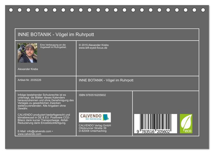 Produktbild: INNE BOTANIK - V&ouml;gel im Ruhrpott (Tischkalender 2026 DIN A5 quer), CALVENDO Monatskalender