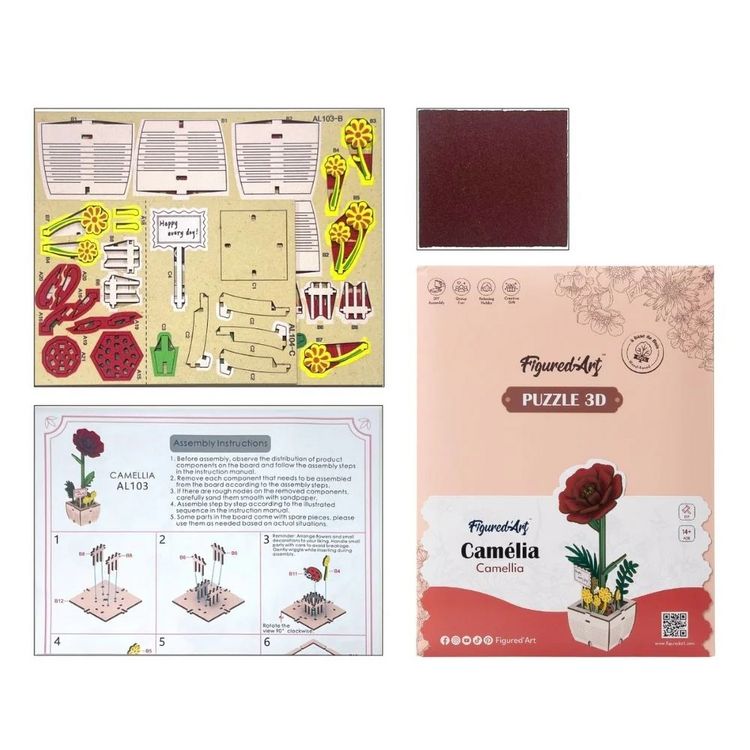 Produktbild: FiguredArt AL103 - Kamelie, 3D Puzzle, Holz, 83 Teile, H&ouml;he: 18,9 cm