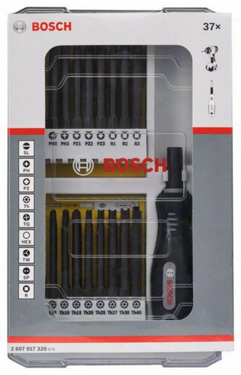 Produktbild: Bosch Accessories 2607017320 Bit-Set 37teilig Schlitz, Kreuzschlitz Phillips, Kreuzschlitz Pozidriv, Sechsrund BO, Tri-Wing, Spanner, Innen-Vierkant