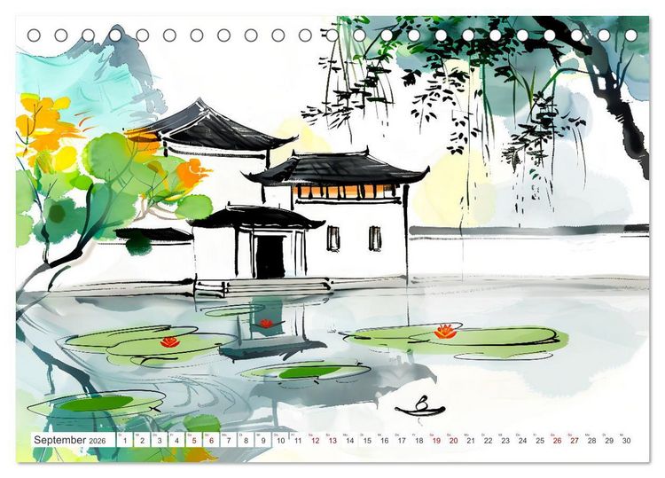 Produktbild: Fernost Impressionen - Tempel und Landschaften in KI-Tuschekunst (Tischkalender 2026 DIN A5 quer), CALVENDO Monatskalender