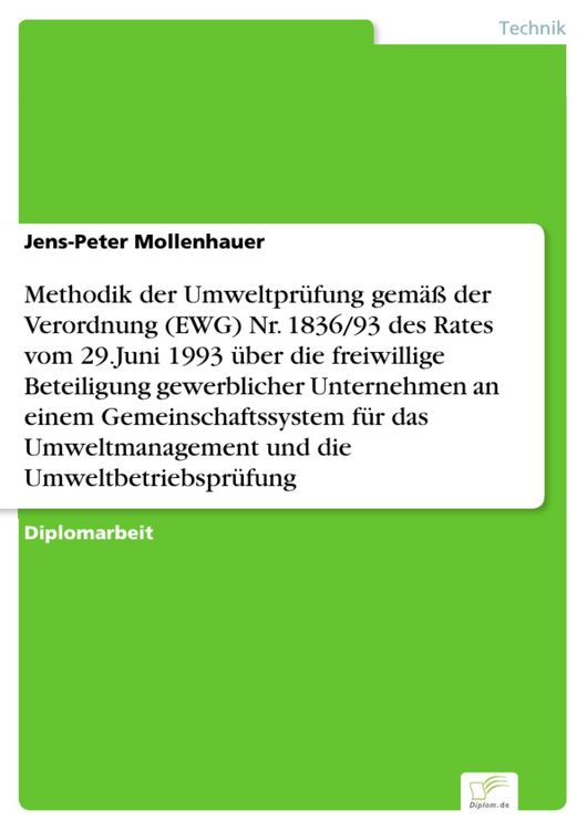Produktbild: Methodik der Umweltpr&uuml;fung gem&auml;&szlig; der Verordnung (EWG) Nr. 1836/93 des Rates vom 29.Juni 1993 &uuml;ber die freiwillige Beteiligung gewerblicher Unternehmen