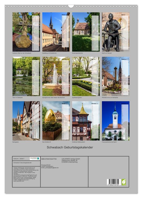 Produktbild: Schwabach Geburtstagskalender (Wandkalender 2026 DIN A2 hoch), CALVENDO Monatskalender