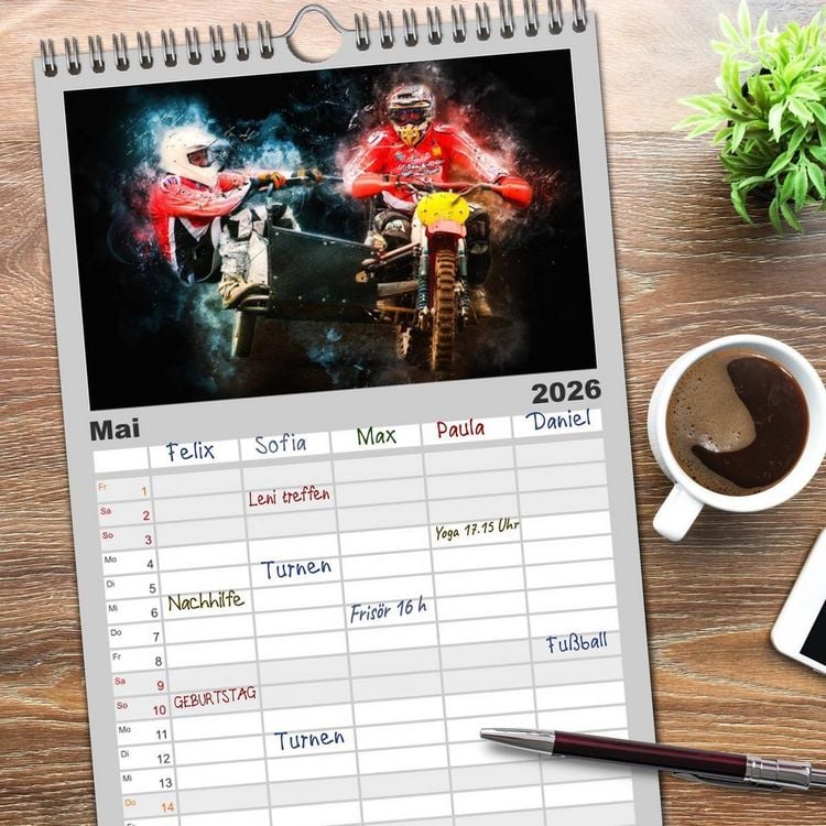 Produktbild: Familienplaner 2026 - Seitenwagen Motocross mit 5 Spalten (Wandkalender, 21 x 45 cm) CALVENDO