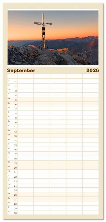 Produktbild: Familienplaner 2026 - Gipfelkreuze im Sonnenlicht mit 5 Spalten (Wandkalender, 21 x 45 cm) CALVENDO
