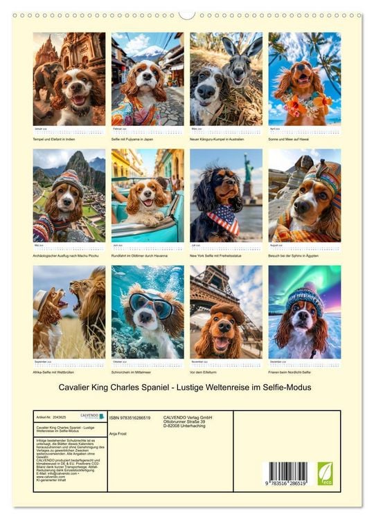 Produktbild: Cavalier King Charles Spaniel - Lustige Weltenreise im Selfie-Modus (hochwertiger Premium Wandkalender 2026 DIN A2 hoch), Kunstdruck in Hochglanz