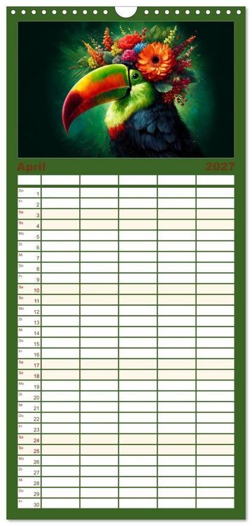 Produktbild: Familienplaner 2027 - Blumige Vogelportr&auml;ts mit 5 Spalten (Wandkalender, 21 x 45 cm) CALVENDO