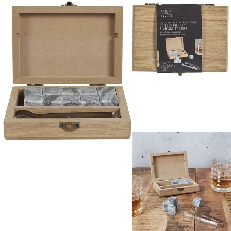 Produktbild: Box mit 10 Whiskysteinen und Zange, Edle Holz-Geschenkbox, echte Mineralsteine