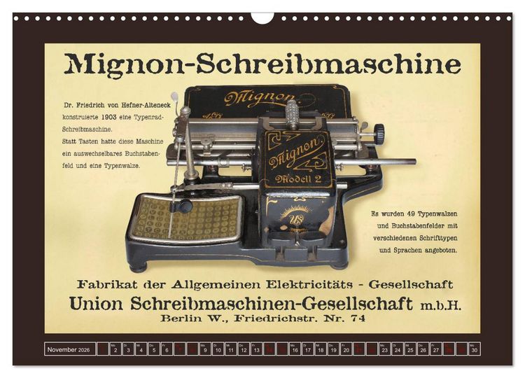 Produktbild: Schreibmaschinen um 1900 (Wandkalender 2026 DIN A3 quer), CALVENDO Monatskalender