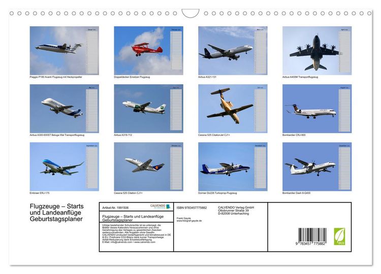 Produktbild: Flugzeuge &ndash; Starts und Landeanfl&uuml;ge Geburtstagsplaner (Wandkalender 2026 DIN A3 quer), CALVENDO Monatskalender