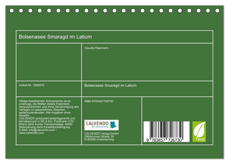 Produktbild: Bolsenasee Smaragd im Latium (Tischkalender 2026 DIN A5 quer), CALVENDO Monatskalender