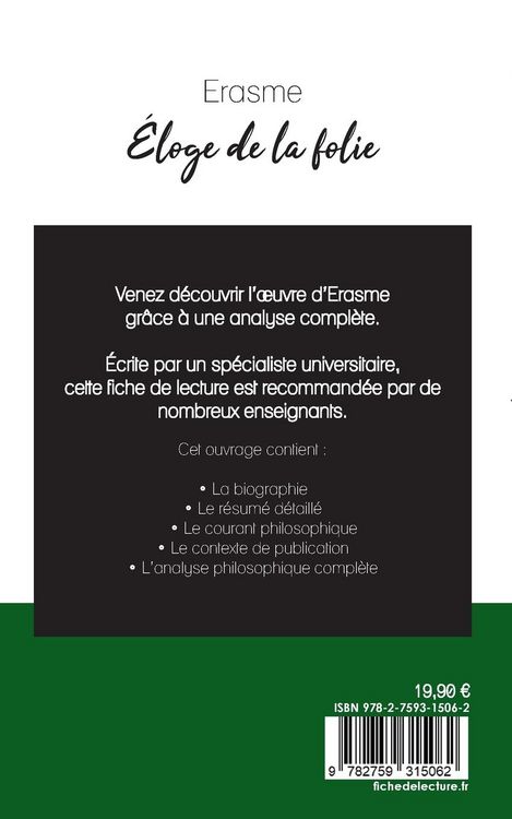 Produktbild: &Eacute;loge de la folie de Erasme (fiche de lecture et analyse compl&egrave;te de l'oeuvre)