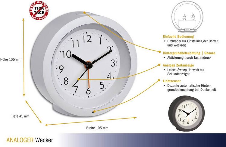Produktbild: TFA Dostmann 60.1029.02 Quarz Wecker Wei&szlig; Alarmzeiten 1 Leisegang-Uhrwerk