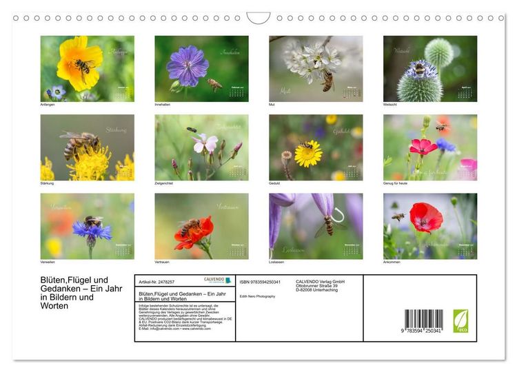 Produktbild: Bl&uuml;ten,Fl&uuml;gel und Gedanken &ndash; Ein Jahr in Bildern und Worten (Wandkalender 2027 DIN A3 quer), CALVENDO Monatskalender